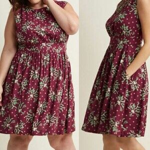 Emily & Fin X Modcloth "Lucy Too Much Fun" Dress Maroon Polka Dot Floral XL NWT